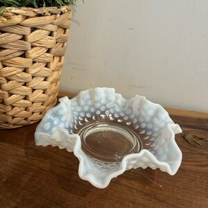 Fenton Hobnail Opalescent White Glass Bowl - Ruffled Edge candy Dish 5”